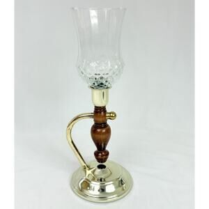 Vtg Home Interiors Gold Brass Tone & Wood Candle Holder w/ Clear Glass Votive